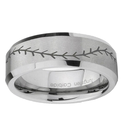 10mm Baseball Stitch Beveled Edge Matte Grey Tungsten Ring