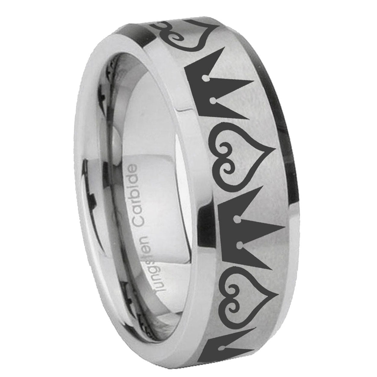 8MM Hearts and Crowns Beveled Brushed Gray Tungsten Band For Men