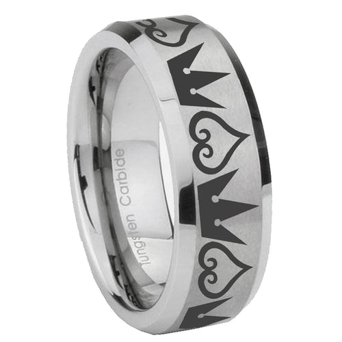 10mm Hearts and Crowns Beveled Edges Matte Grey Tungsten Carbide Wedding Bands Ring