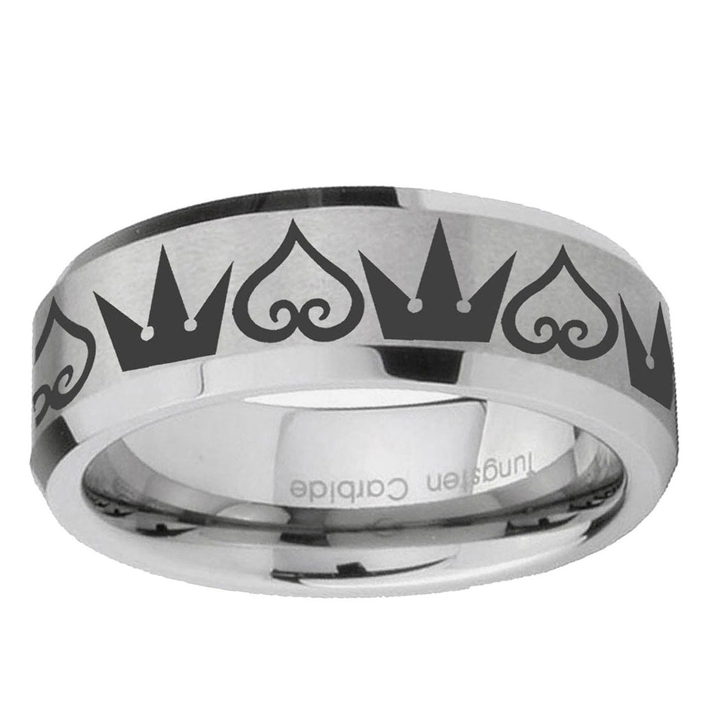 6MM Hearts and Crowns Beveled Brushed Gray Tungsten Band For Men