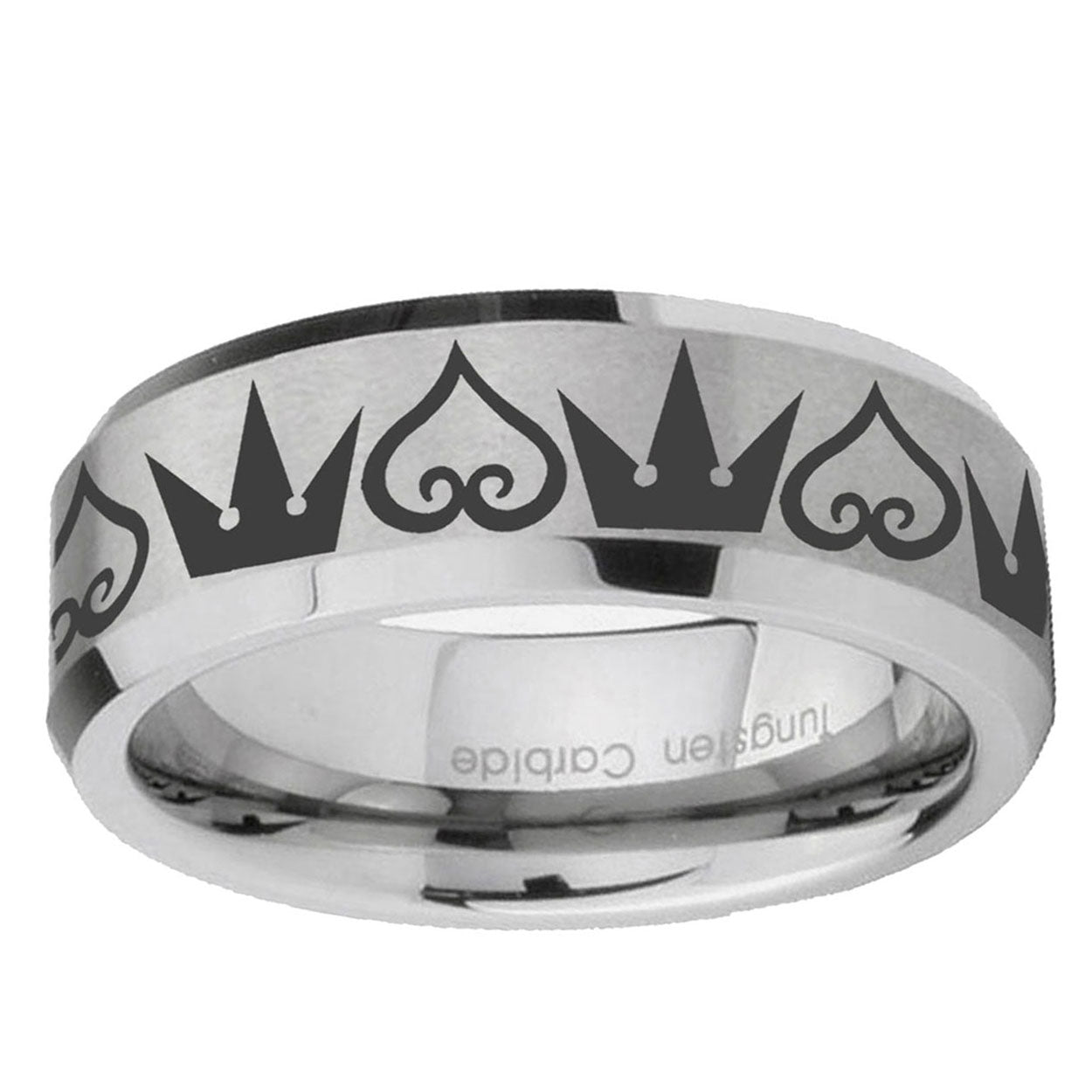 6MM Hearts and Crowns Beveled Brushed Gray Tungsten Band For Men
