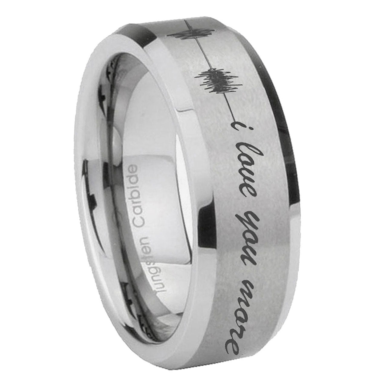 8MM Sound Wave, I love you Beveled Brushed Gray Tungsten Ring For Man