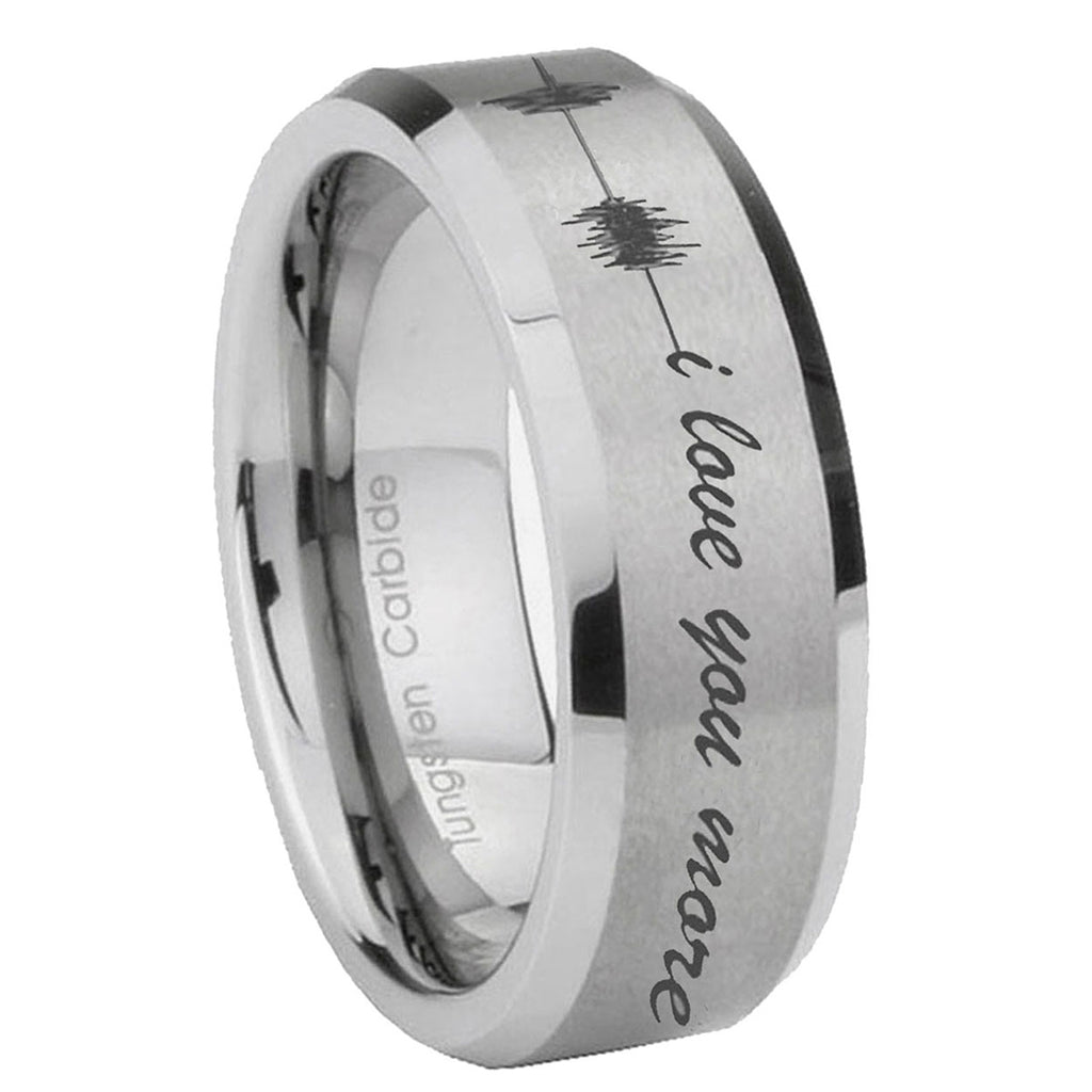 10mm Sound Wave, I love you more Beveled Matte Grey Tungsten Wedding Engagement Ring