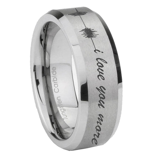 10mm Sound Wave, I love you more Beveled Matte Grey Tungsten Wedding Engagement Ring
