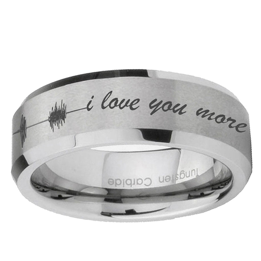 6MM Sound Wave, I love you Beveled Brushed Gray Tungsten Ring For Man