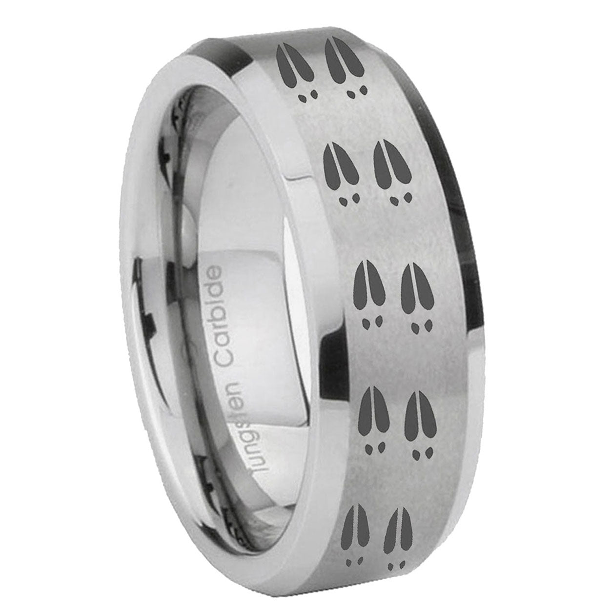 10mm Deer Tracks Beveled Edges Matte Grey Tungsten Carbide Anniversary Ring