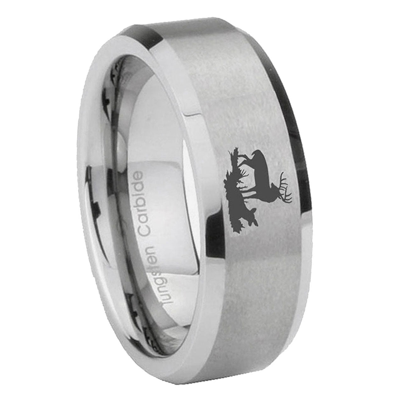 8MM Deer Hunting Gray Beveled Brushed Gray Tungsten Custom Ring