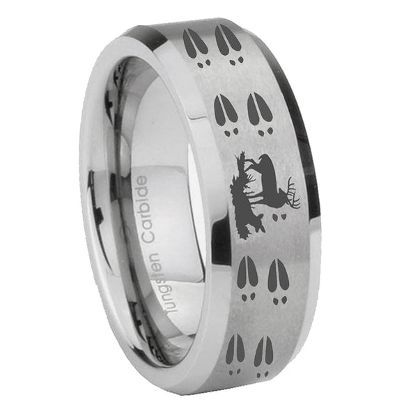 10mm-Deer-Hunting-Tracks-Beveled-Edges-Matte-Grey-Tungsten-Carbide-Custom-Mens-Ring