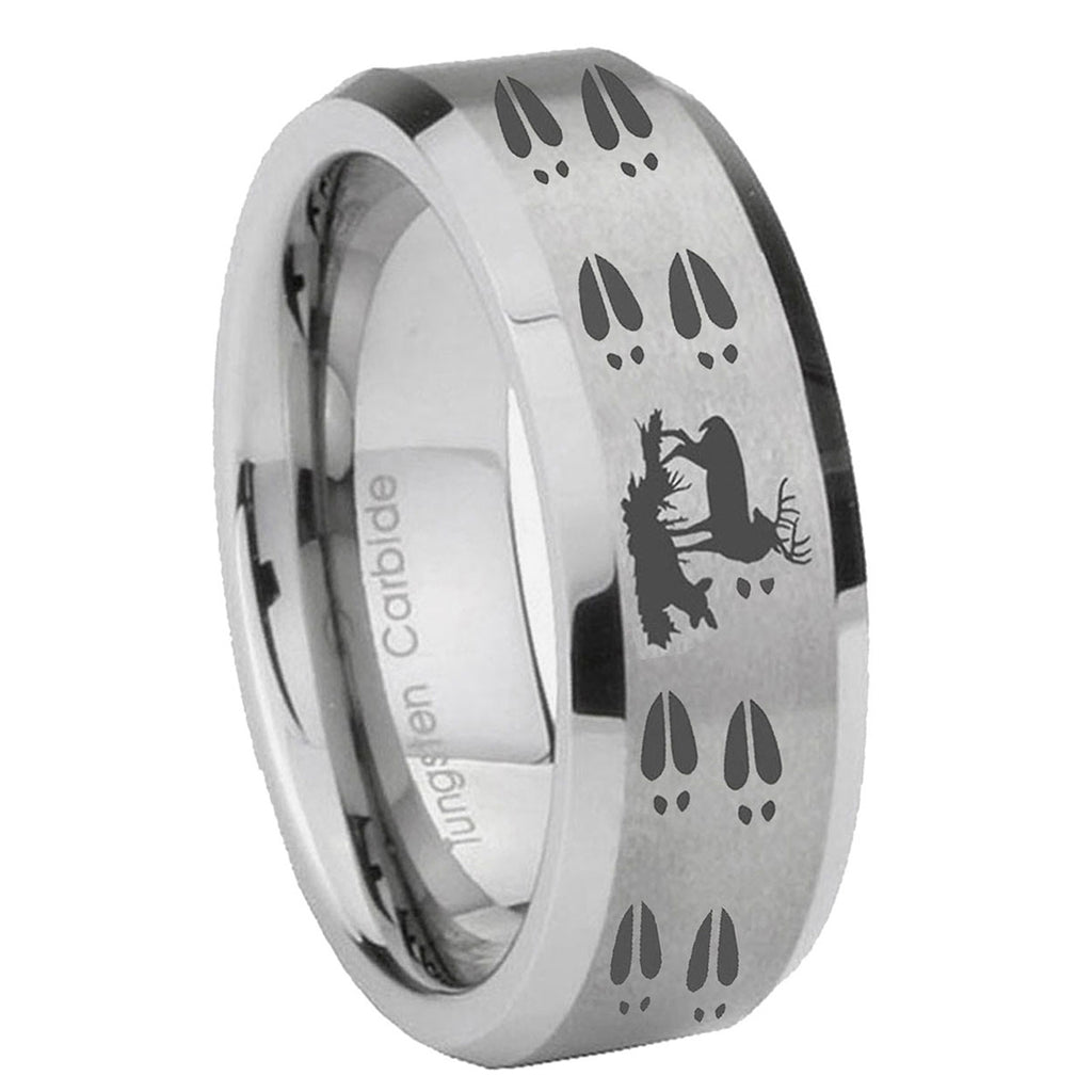 10mm Deer Hunting Tracks Beveled Edges Matte Grey Tungsten Carbide Custom Mens Ring