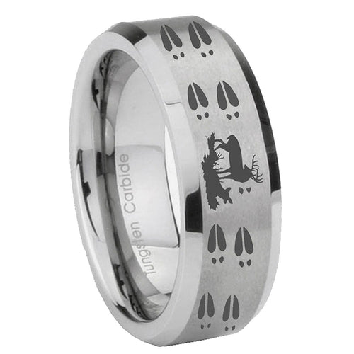 10mm Deer Hunting Tracks Beveled Edges Matte Grey Tungsten Carbide Custom Mens Ring