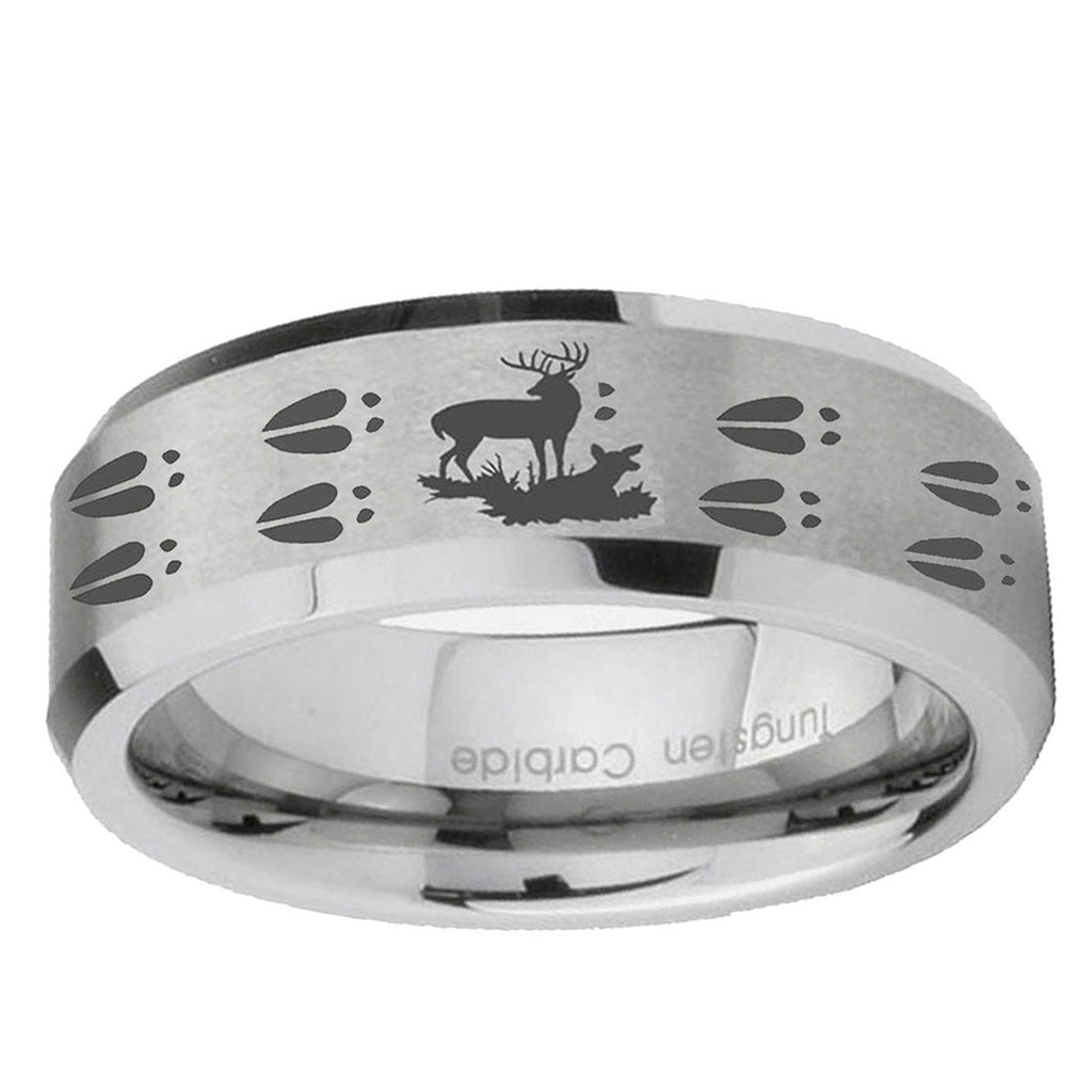 6MM Deer Hunting Tracks Beveled Brushed Gray Tungsten Rings For Men
