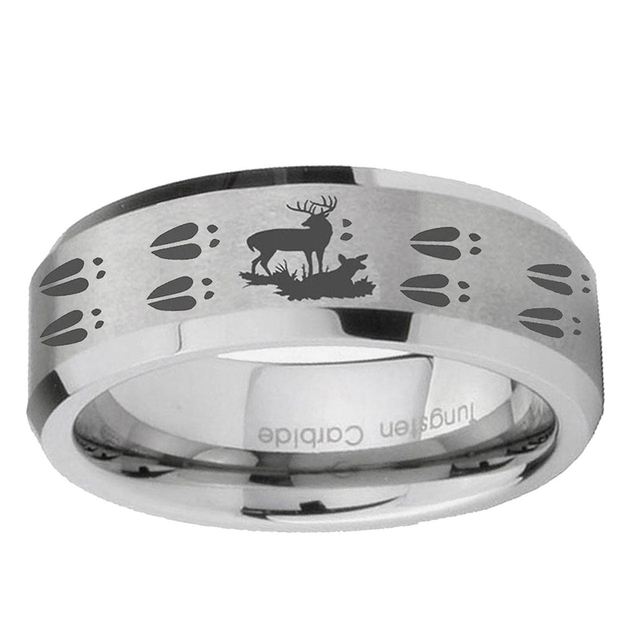 10mm Deer Hunting Tracks Beveled Edge Matte Grey Tungsten Ring