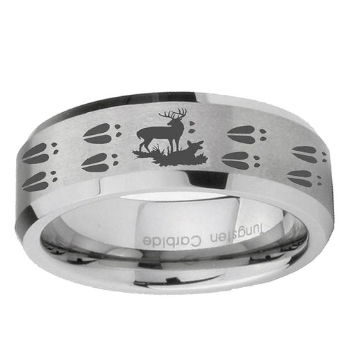 10mm Deer Hunting Tracks Beveled Edge Matte Grey Tungsten Ring