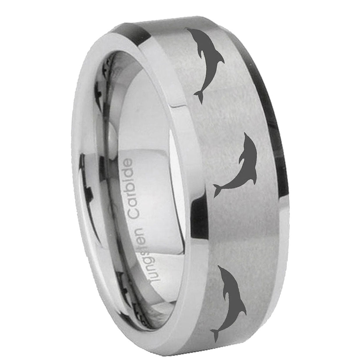 8MM Dolphins Beveled Brushed Gray Tungsten Rings For Men