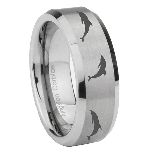 10mm Dolphins Beveled Edges Matte Grey Tungsten Carbide Custom Ring for Men