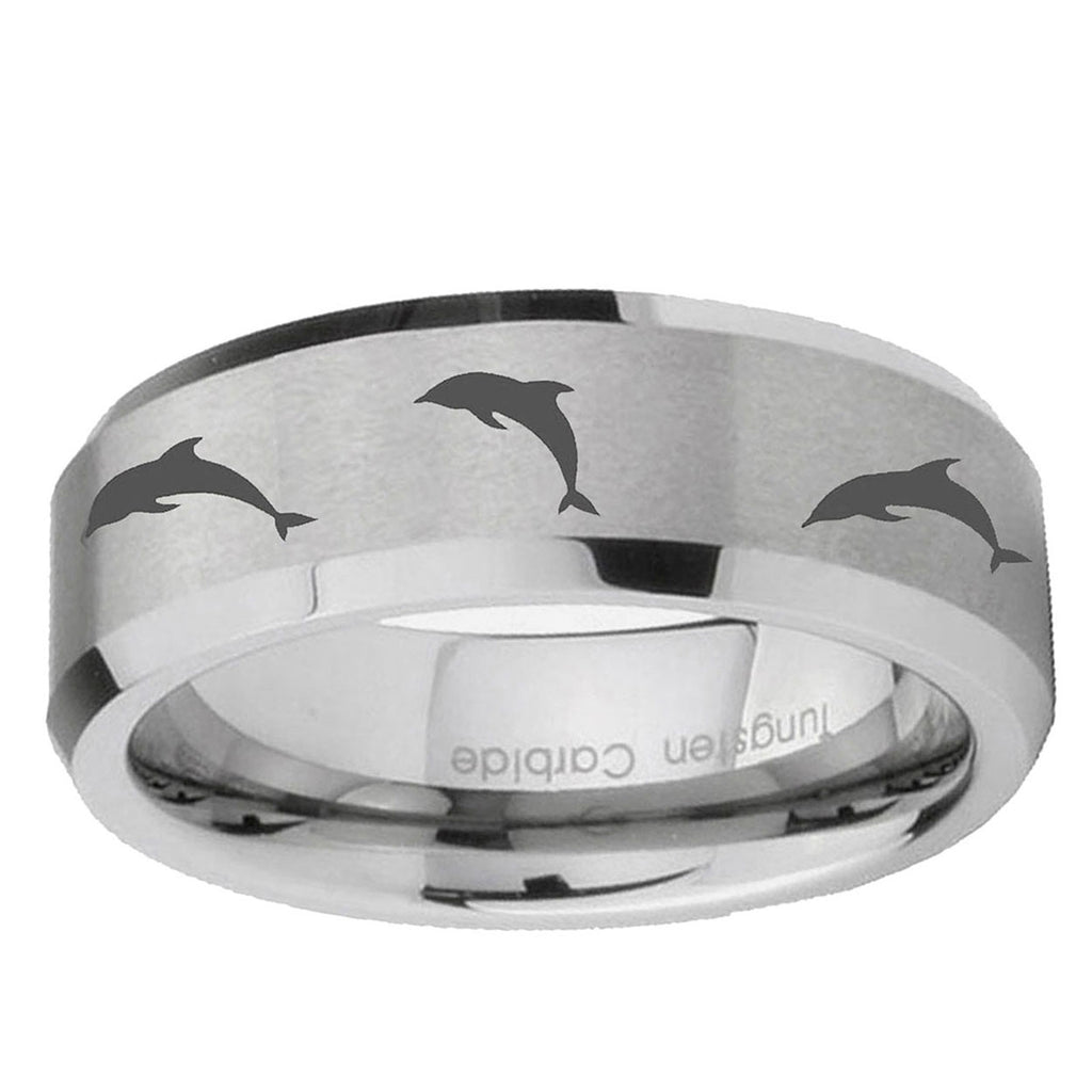10mm Dolphins Beveled Edge Matte Grey Tungsten Carbide Custom Ring for Men