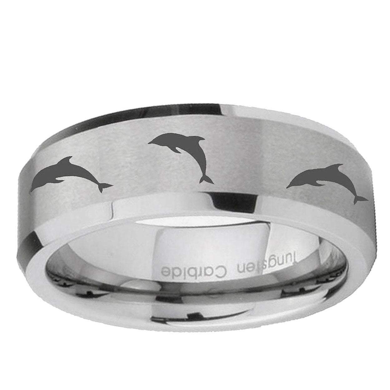 10mm Dolphins Beveled Edge Matte Grey Tungsten Carbide Custom Ring for Men