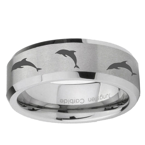 10mm Dolphins Beveled Edge Matte Grey Tungsten Carbide Custom Ring for Men