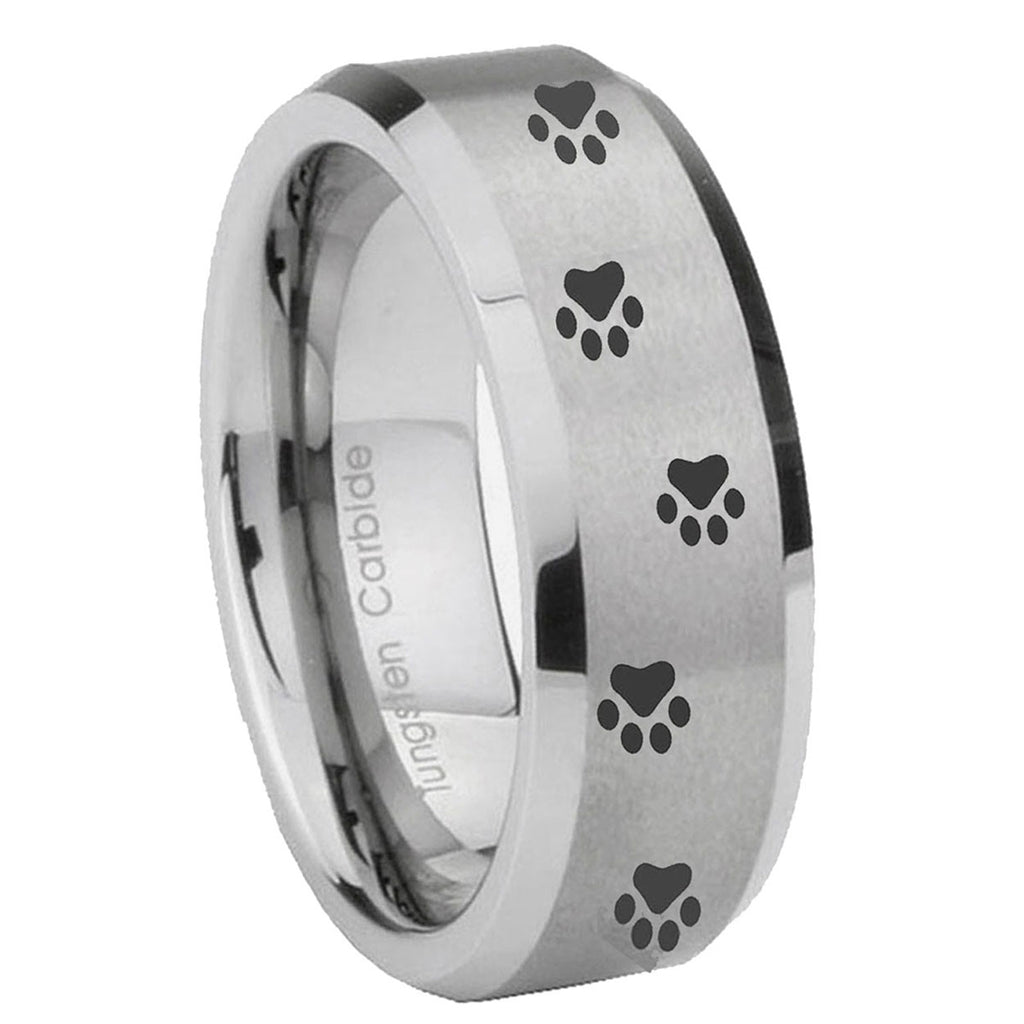 10mm Paw Print Beveled Edges Matte Grey Tungsten Carbide Engagement Ring