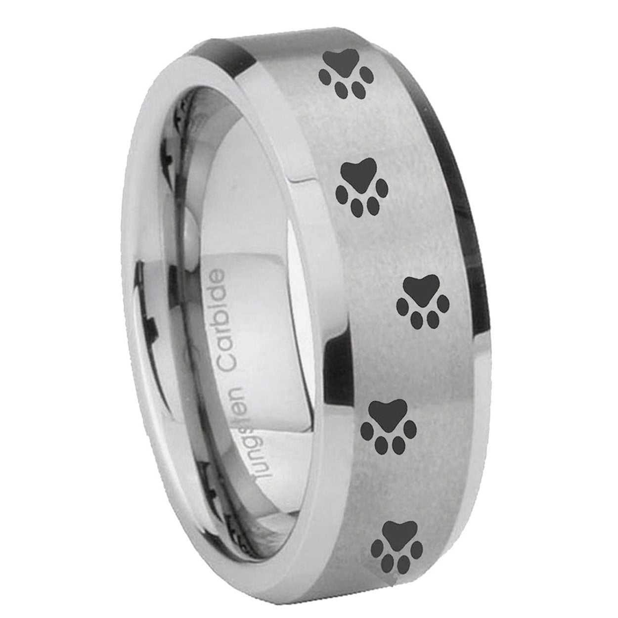 10mm Paw Print Beveled Edges Matte Grey Tungsten Carbide Engagement Ring