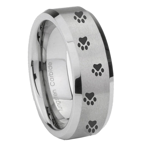 10mm Paw Print Beveled Edges Matte Grey Tungsten Carbide Engagement Ring