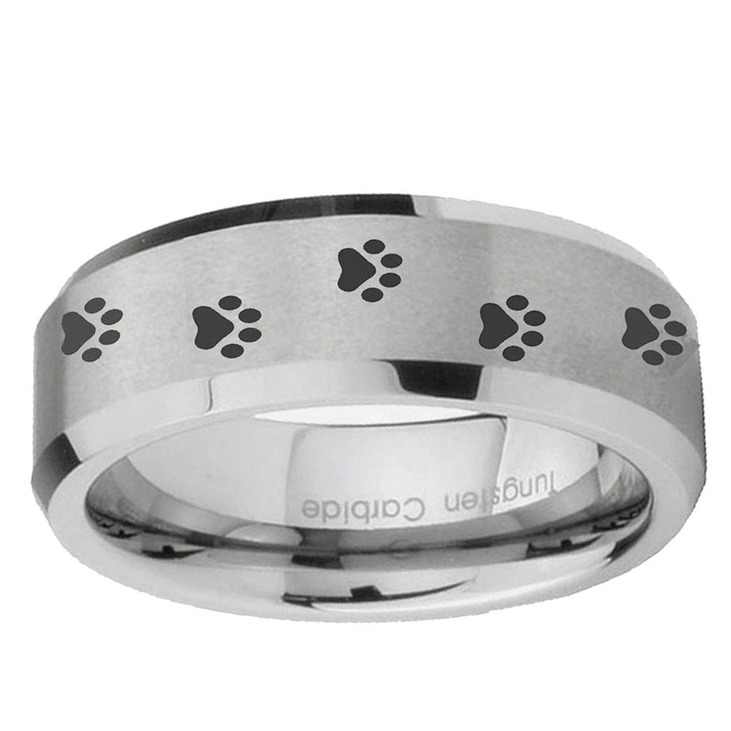 6MM Paw Print Beveled Brushed Gray Tungsten Wedding Band For Men