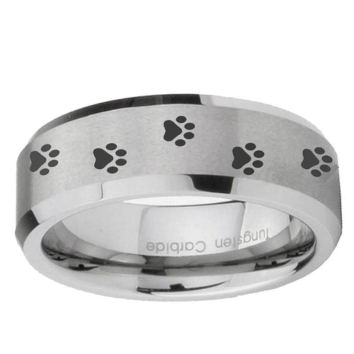 10mm Paw Print Beveled Edge Matte Grey Tungsten Ring
