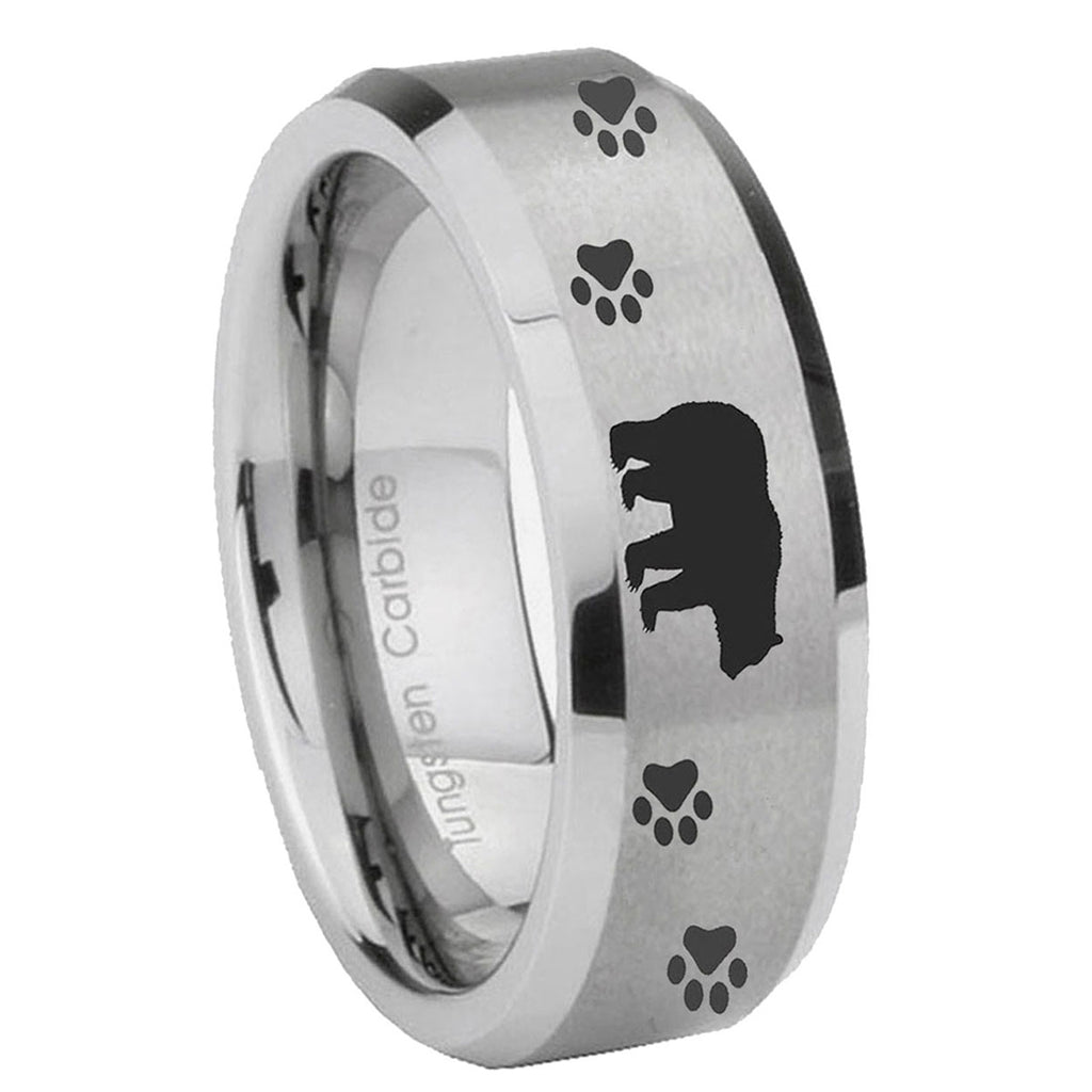 8MM Bear and Paw Beveled Brushed Gray Tungsten Rings For Men