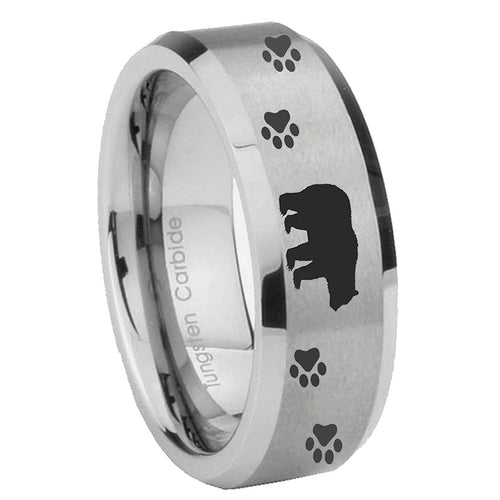 10mm Bear and Paw Beveled Edges Matte Grey Tungsten Carbide Engraved Ring