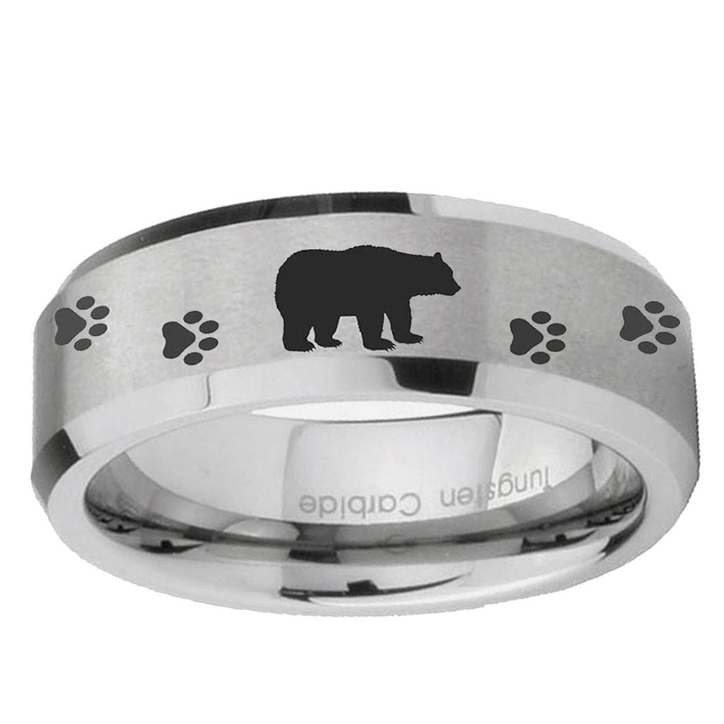 10mm Bear and Paw Beveled Edge Matte Grey Tungsten Ring