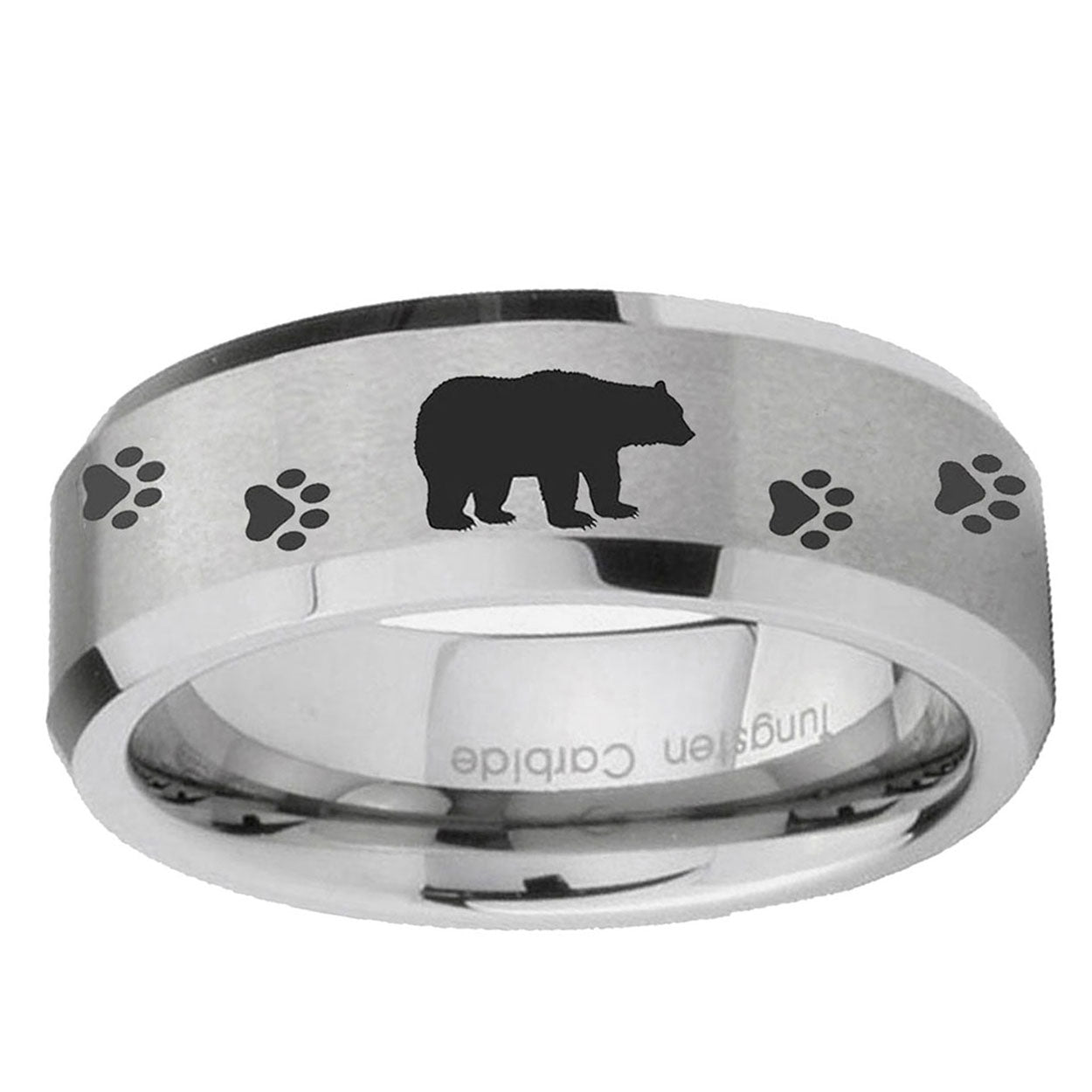 10mm Bear and Paw Beveled Edge Matte Grey Tungsten Ring