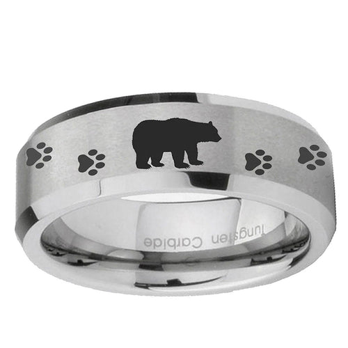 10mm Bear and Paw Beveled Edge Matte Grey Tungsten Ring