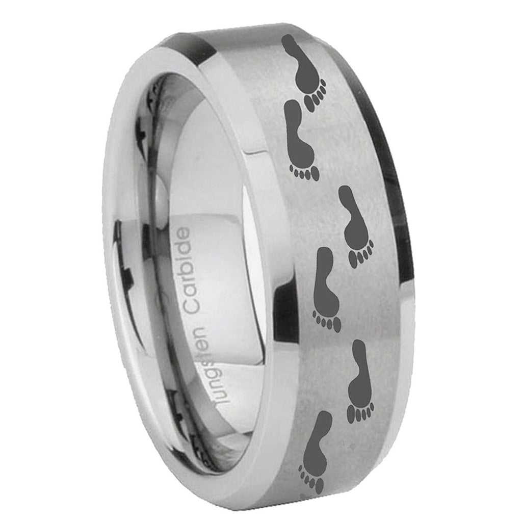 8MM Foot Print Beveled Brushed Gray Tungsten Promise Ring For Him