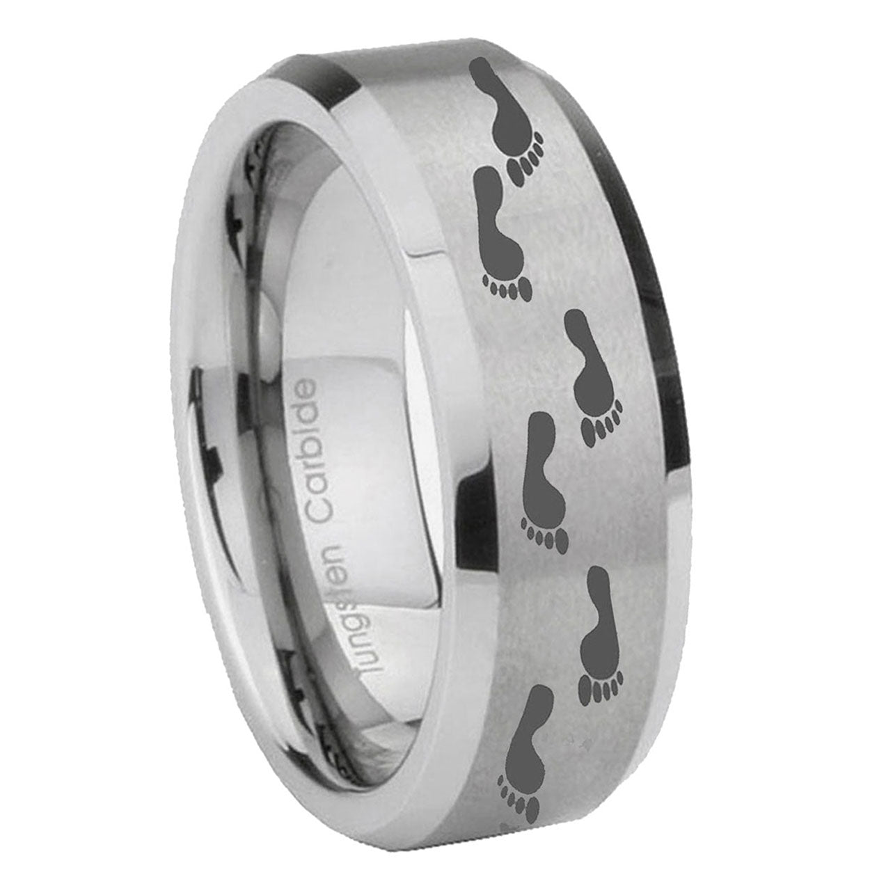8MM Foot Print Beveled Brushed Gray Tungsten Promise Ring For Him