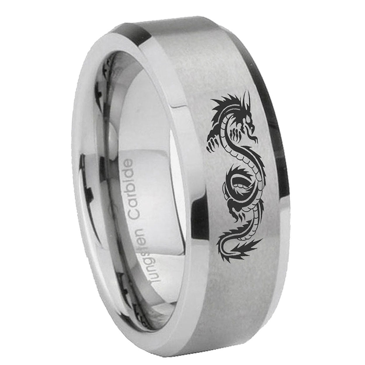 8MM Dragon Beveled Brushed Gray Tungsten Mens Engagement Ring