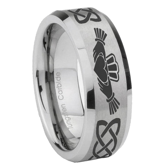 10mm-Irish-Claddagh-Beveled-Edges-Matte-Grey-Tungsten-Carbide-Bands-Ring