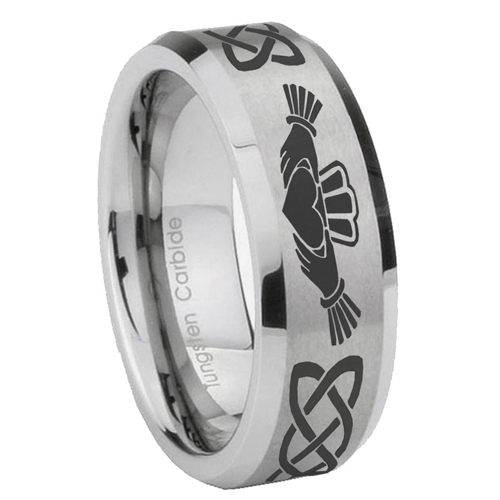 8MM Irish Claddagh Beveled Brushed Gray Tungsten Ring For Him