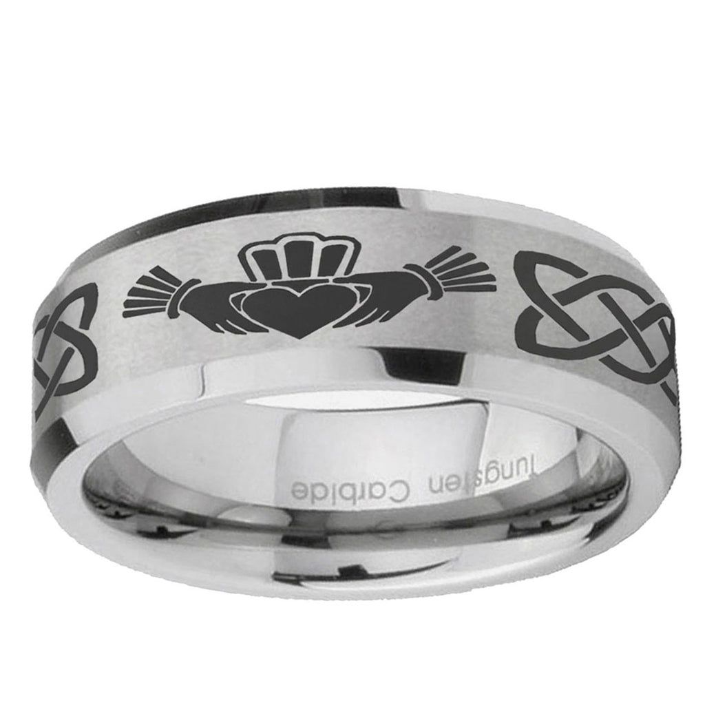 6MM Irish Claddagh Beveled Brushed Gray Tungsten Ring For Him
