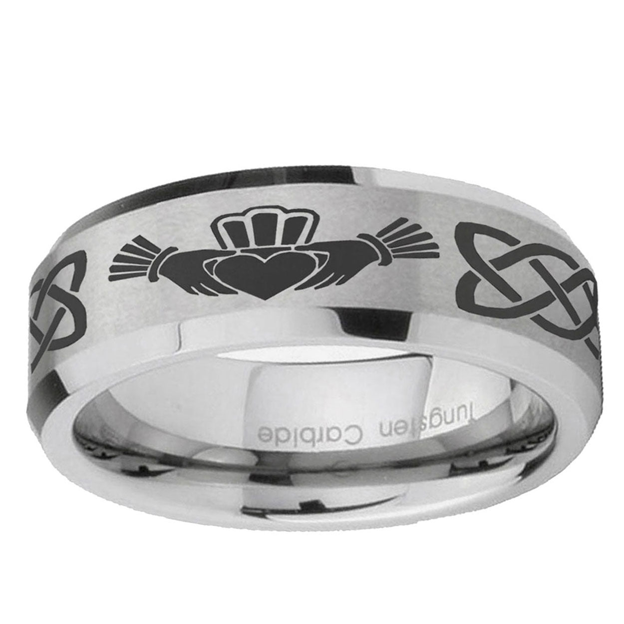 6MM Irish Claddagh Beveled Brushed Gray Tungsten Ring For Him