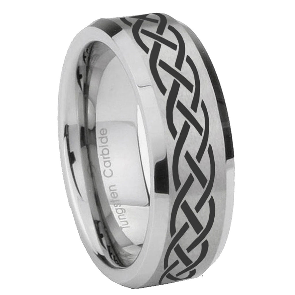 10mm Celtic Knot Beveled Edges Matte Grey Tungsten Carbide Mens Ring Engraved