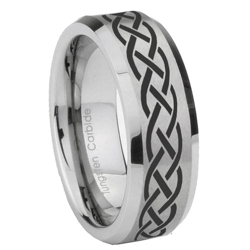 10mm Celtic Knot Beveled Edges Matte Grey Tungsten Carbide Mens Ring Engraved