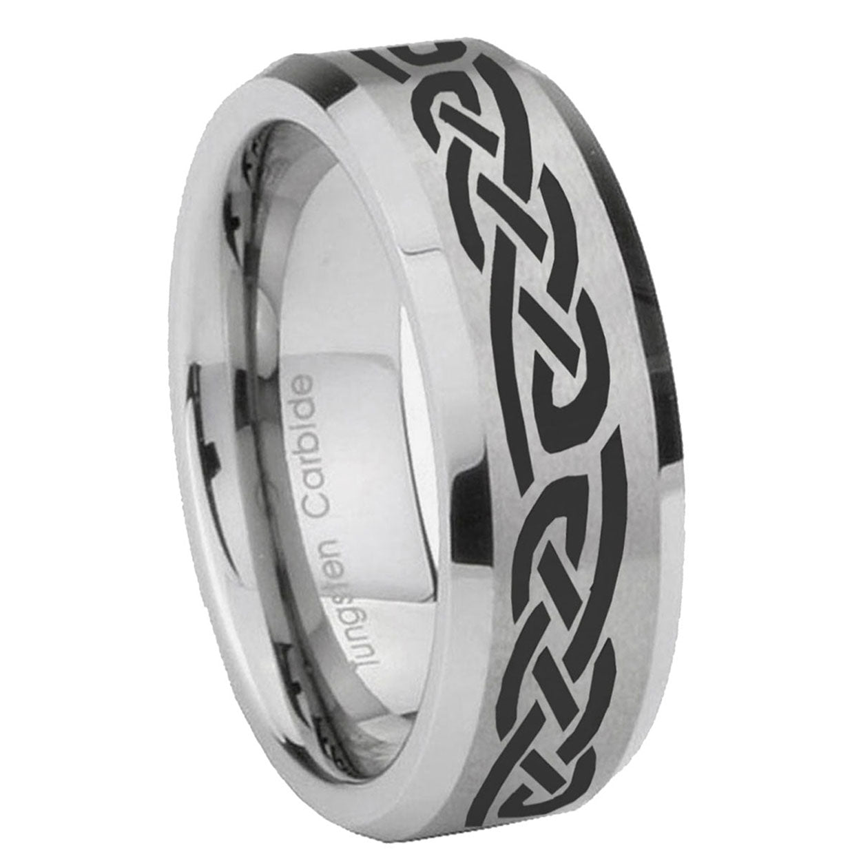 10mm Celtic Knot Infinity Love Beveled Edges Matte Grey Tungsten Carbide Mens Ring Engraved
