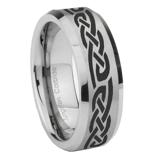 10mm Celtic Knot Infinity Love Beveled Edges Matte Grey Tungsten Carbide Mens Ring Engraved
