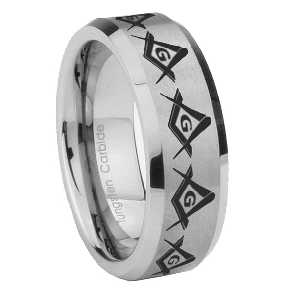 6, 8mm Masonic Square and Compass Beveled Edge Brushed Grey Tungsten Wedding Engagement Ring