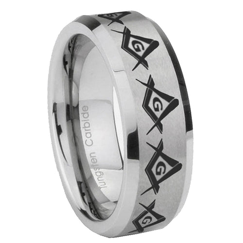 10mm Masonic Square and Compass Beveled Edges Matte Grey Tungsten Carbide Mens Ring Engraved