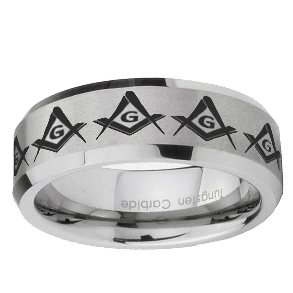 6MM Masonic Square and Compass Beveled Brushed Gray Tungsten Band