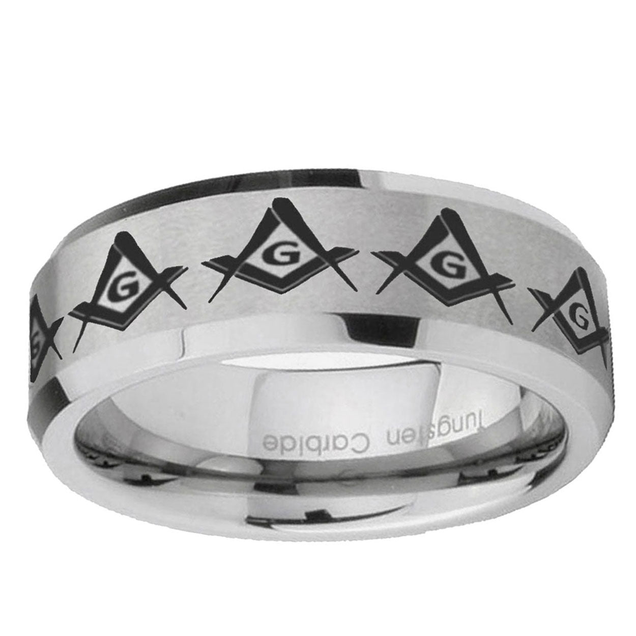 6MM Masonic Square and Compass Beveled Brushed Gray Tungsten Band