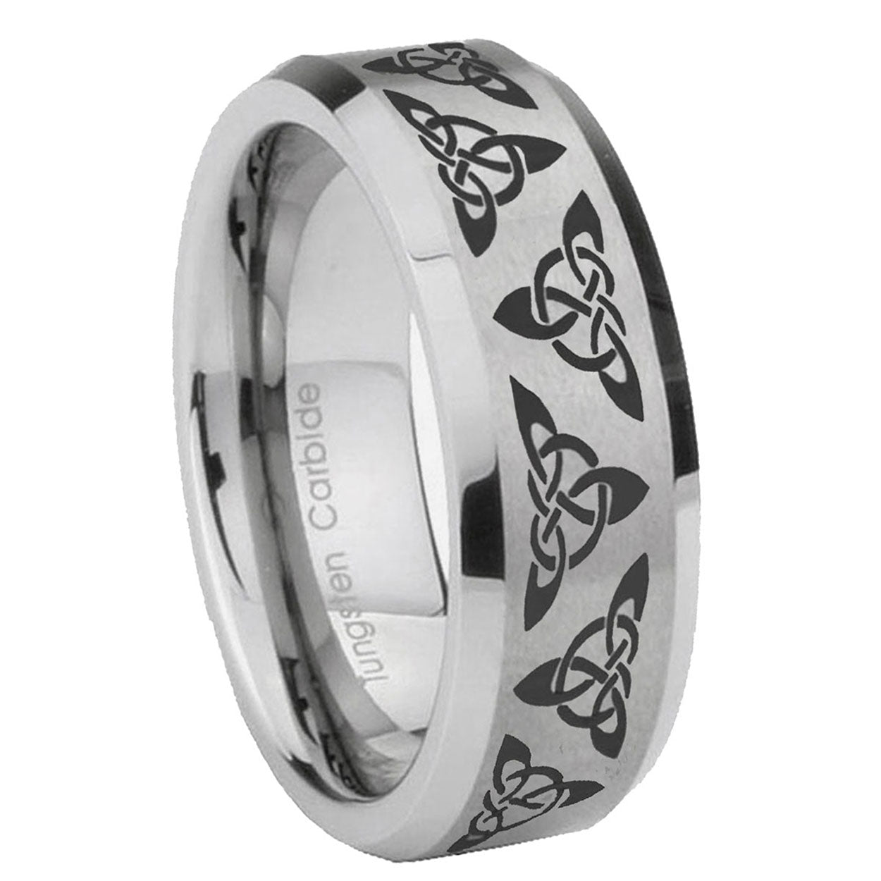 8MM Celtic Knot Beveled Brushed Gray Tungsten Promise Ring