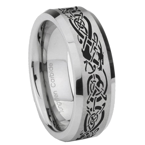 6, 8mm Celtic Knot Dragon Beveled Edge Brushed Grey Tungsten Mens Ring Personalized