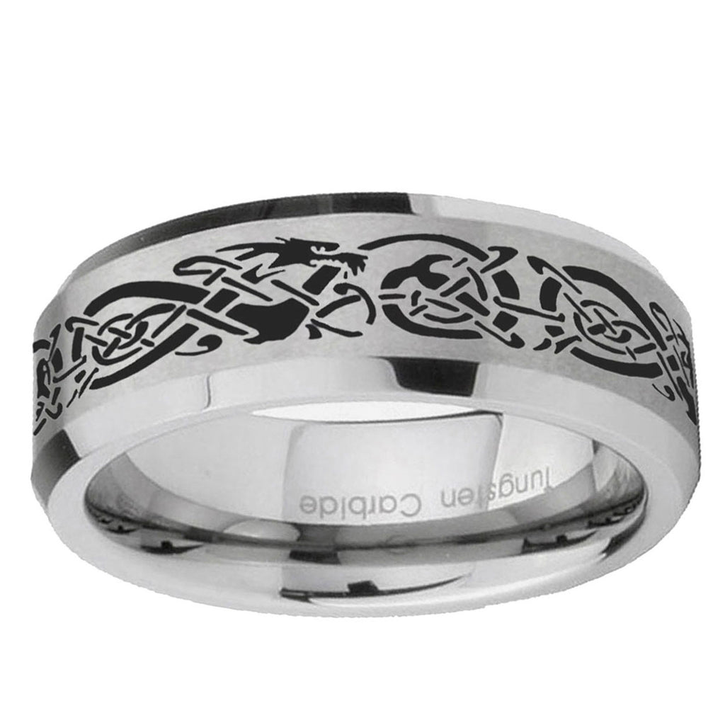 10mm Celtic Knot Dragon Beveled Edge Matte Grey Tungsten Ring